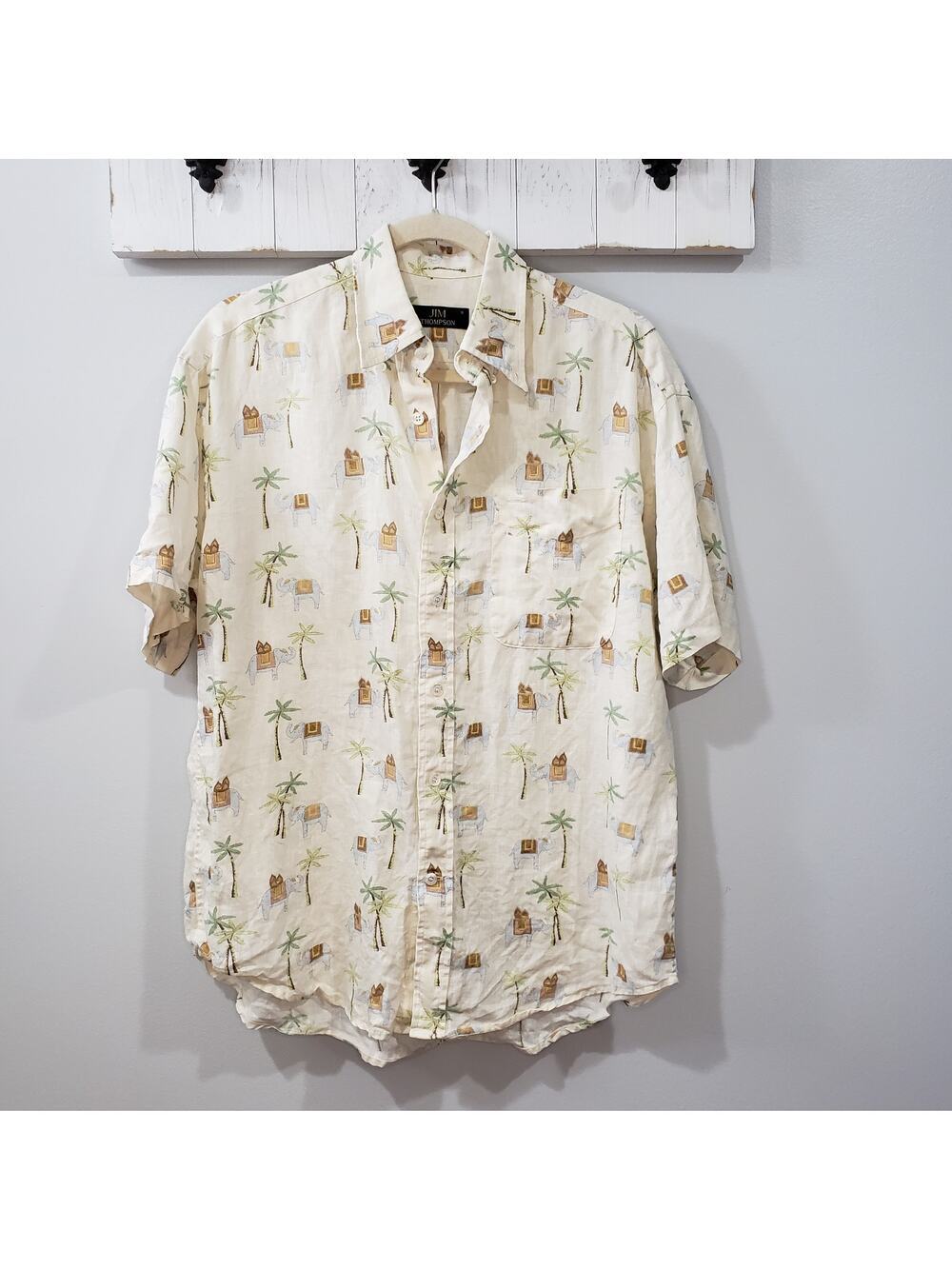 Jim Thompson Linen Shirt Elephant Palm Tree Print Tropical Hawaiian Men's S